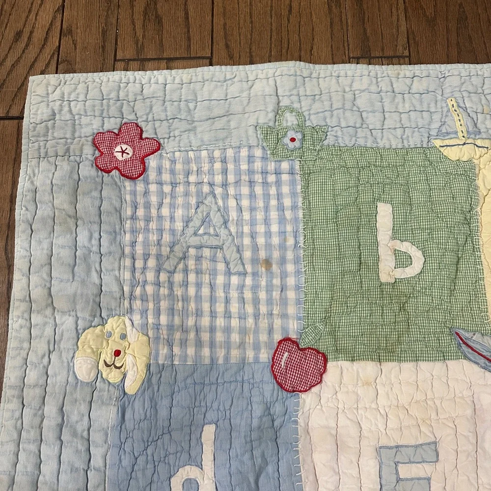 Vintage Pottery Barn Kids Alphabet Crib Quilt ABC Gingham Patchwork 36x50”